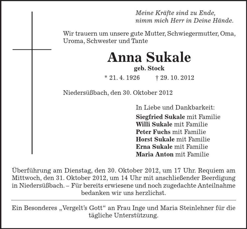 Traueranzeige Anna Sukale