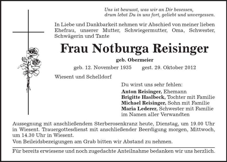 Traueranzeige Notburga Reisinger