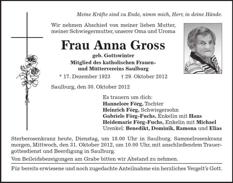 Traueranzeige Anna Gross