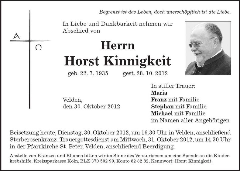 Traueranzeige Horst Kinnigkeit