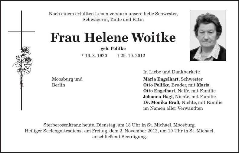 Traueranzeige Helene Woitke