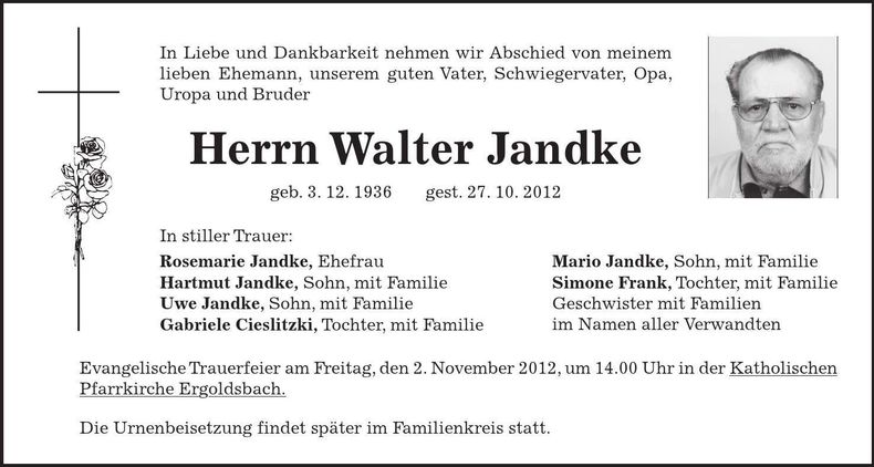 Traueranzeige Walter Jandke