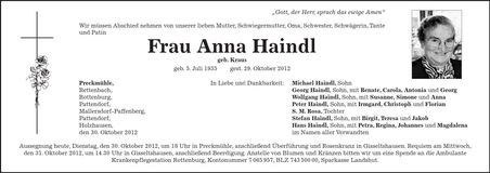 Traueranzeige Anna Haindl