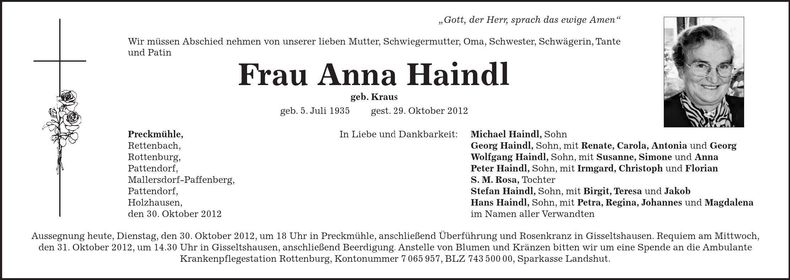 Traueranzeige Anna Haindl