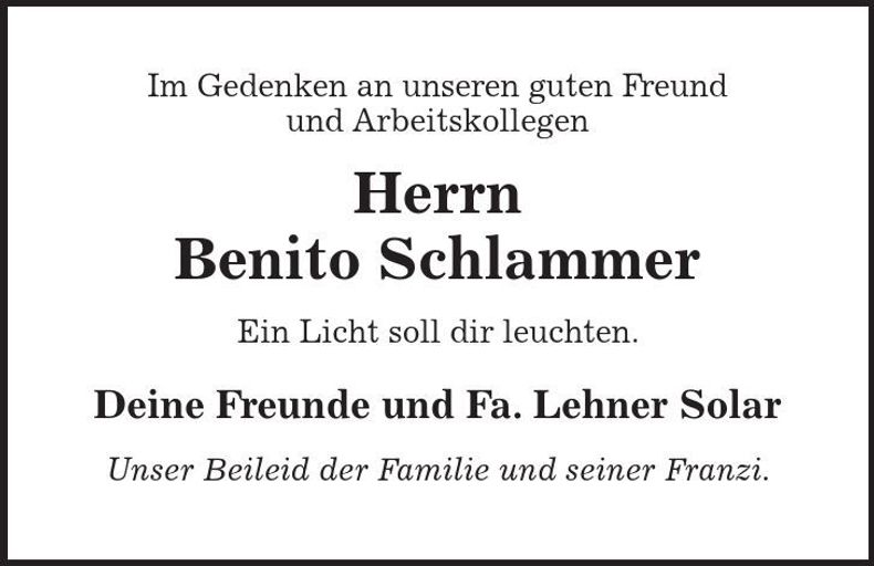 Traueranzeige Benito Schlammer
