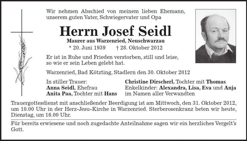Traueranzeige Josef Seidl
