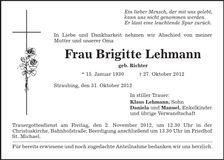 Traueranzeige Brigitte Lehmann