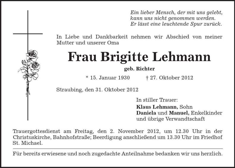 Traueranzeige Brigitte Lehmann