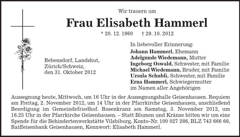 Traueranzeige Elisabeth Hammerl