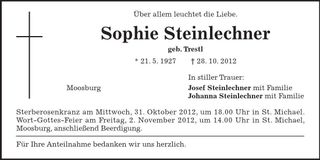 Traueranzeige Sophie Steinlechner