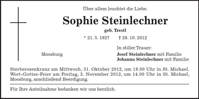 Traueranzeige Sophie Steinlechner