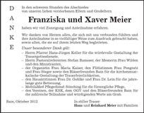 Traueranzeige Franziska und Xaver Meier