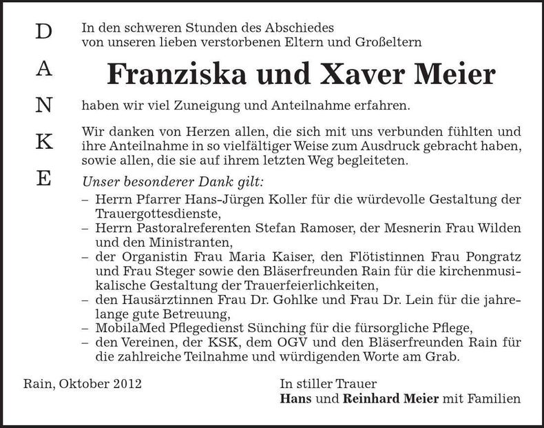 Traueranzeige Franziska und Xaver Meier