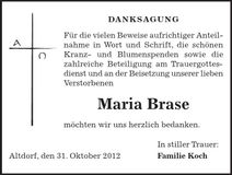 Traueranzeige Maria Brase