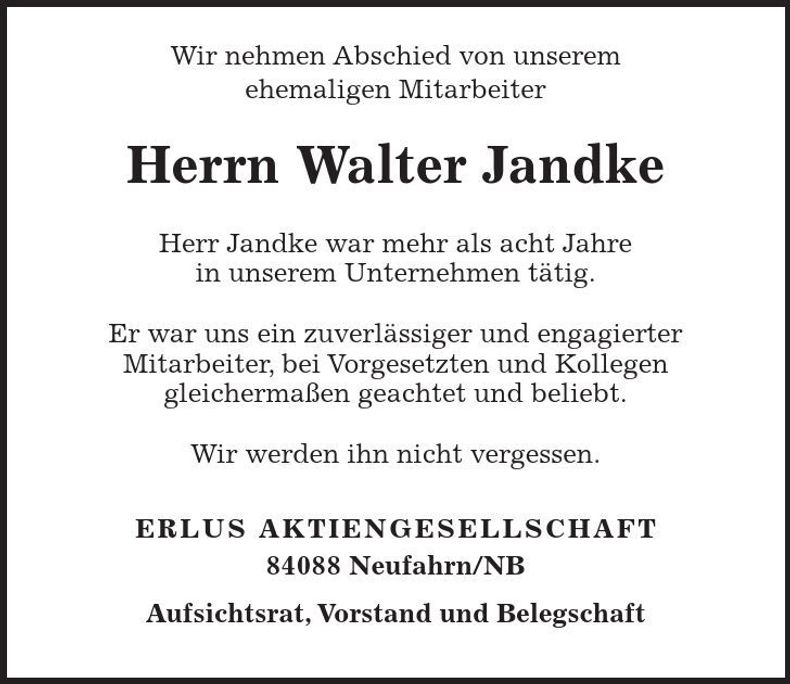 Traueranzeige Walter Jandke