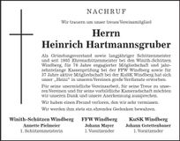Traueranzeige Heinrich Hartmannsgruber