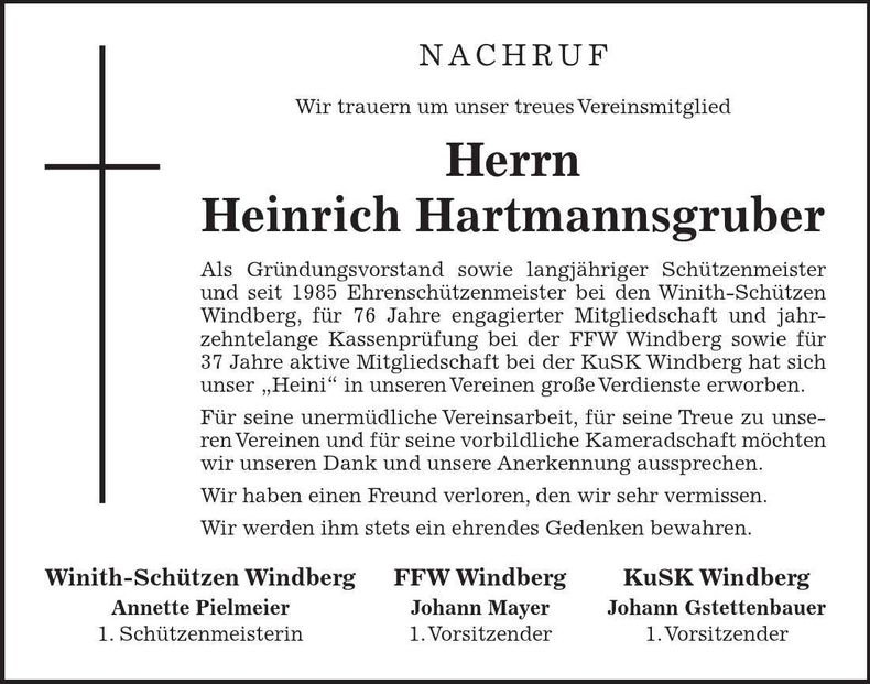 Traueranzeige Heinrich Hartmannsgruber