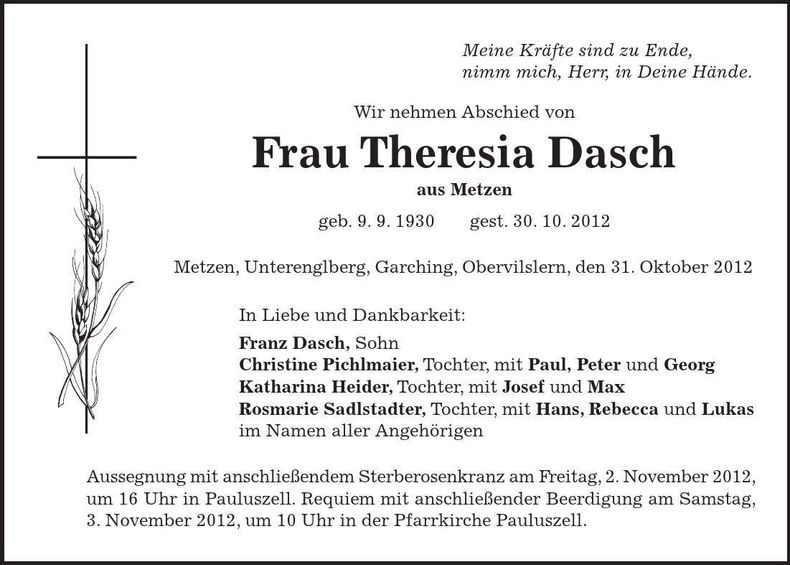 Traueranzeige Theresia Dasch