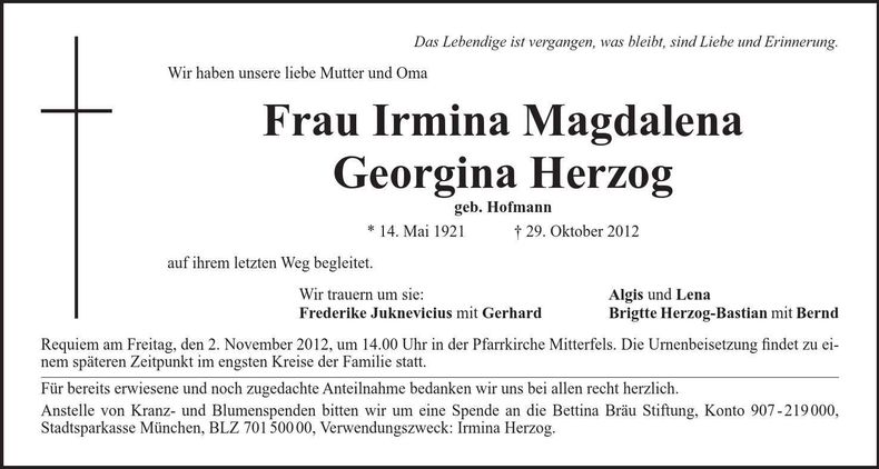 Traueranzeige Irmina Magdalena Georgina Herzog