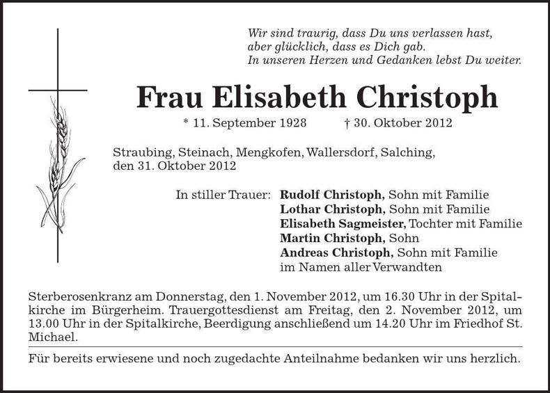 Traueranzeige Elisabeth Christoph