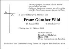Traueranzeige Franz Günther Wild