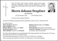 Traueranzeige Johann Stapfner