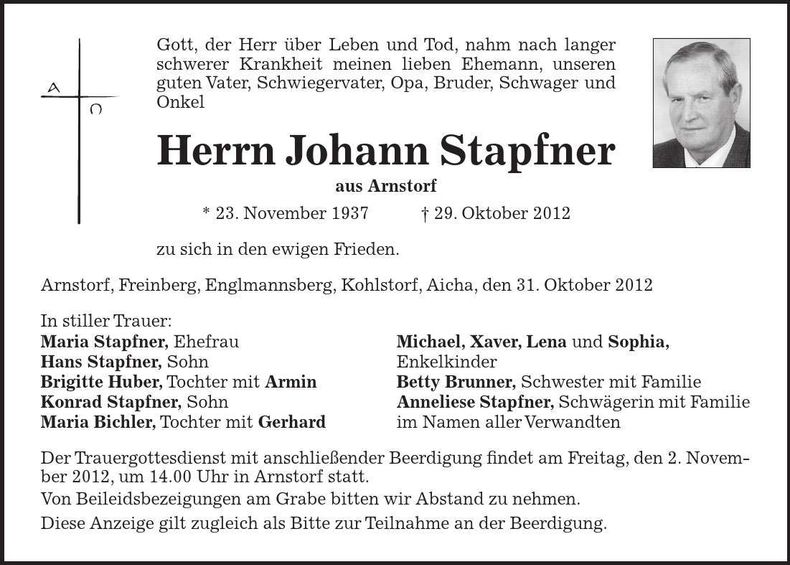 Traueranzeige Johann Stapfner