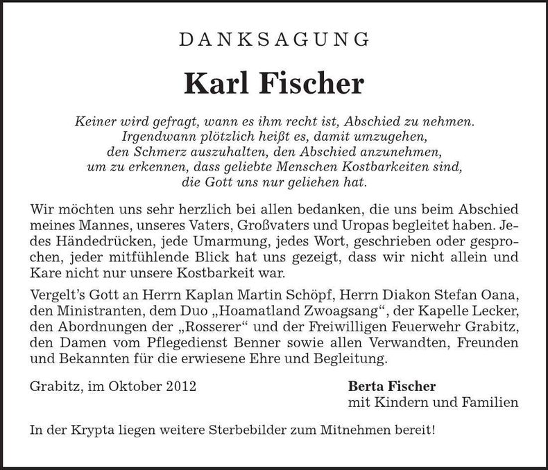 Traueranzeige Karl Fischer