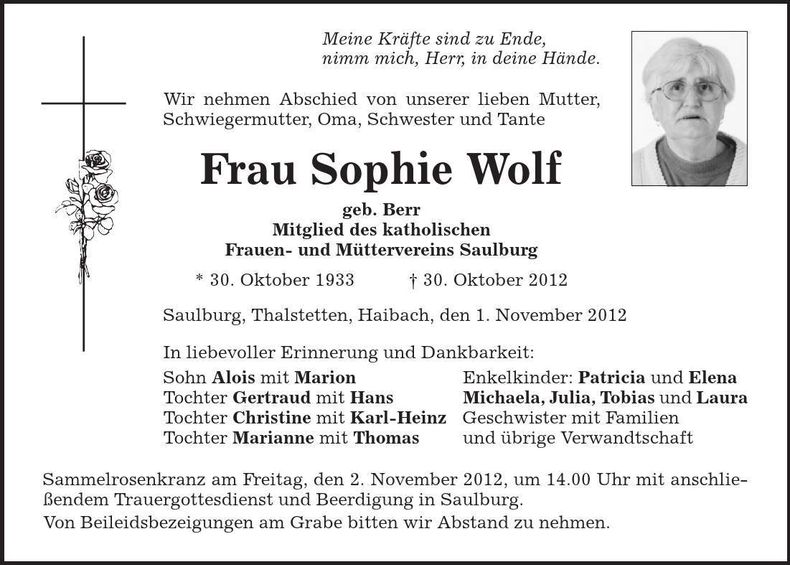Traueranzeige Sophie Wolf
