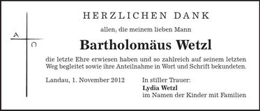 Traueranzeige Bartholomäus Wetzl