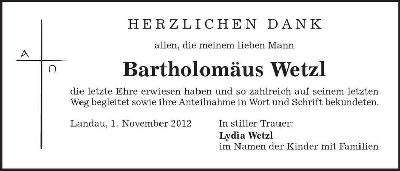 Traueranzeige Bartholomäus Wetzl