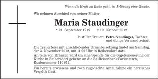 Traueranzeige Maria Staudinger