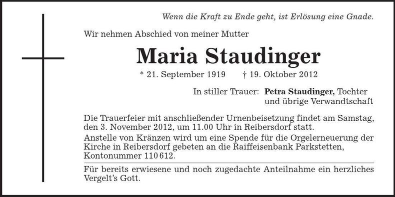 Traueranzeige Maria Staudinger