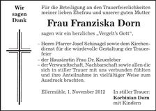 Traueranzeige Franziska Dorn