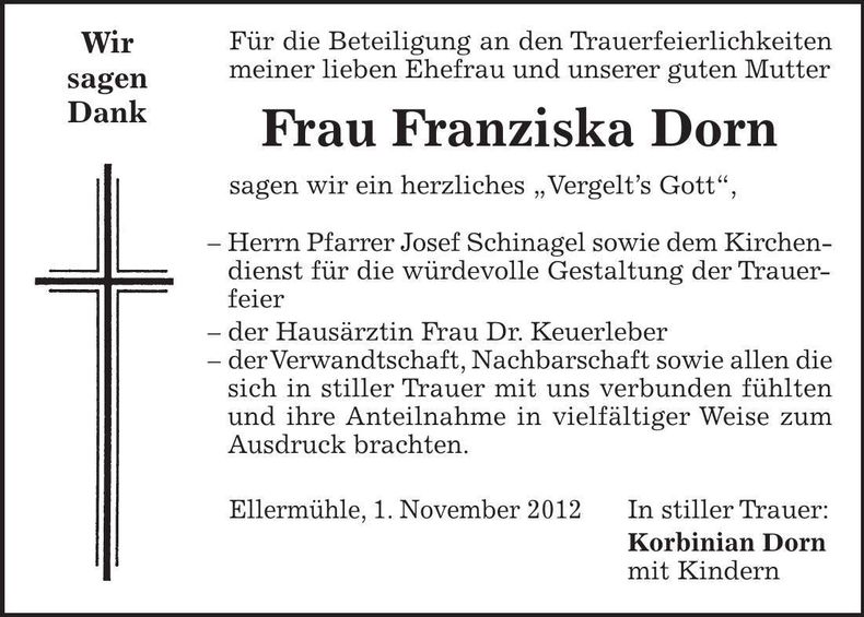 Traueranzeige Franziska Dorn