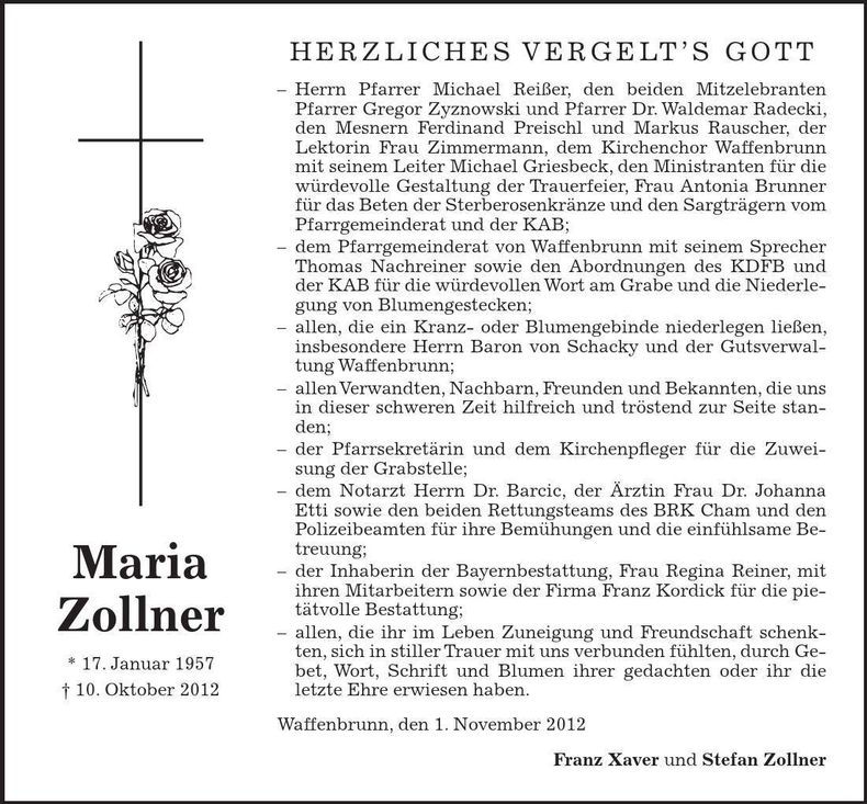 Traueranzeige Maria Zollner