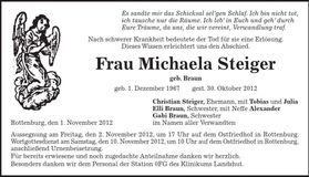 Traueranzeige Michaela Steiger