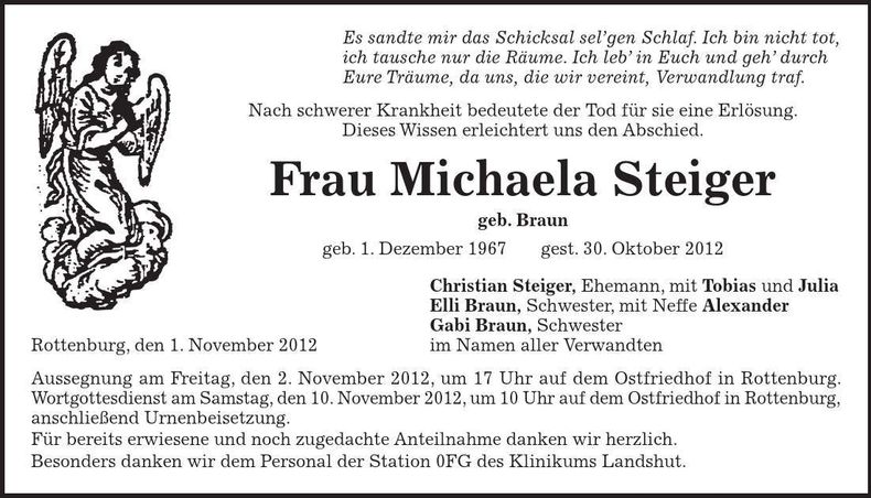 Traueranzeige Michaela Steiger