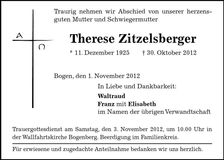 Traueranzeige Therese Zitzelsberger