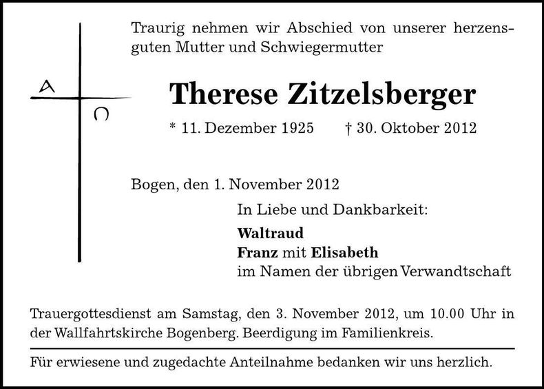 Traueranzeige Therese Zitzelsberger
