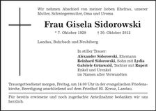 Traueranzeige Gisela Sidorowski
