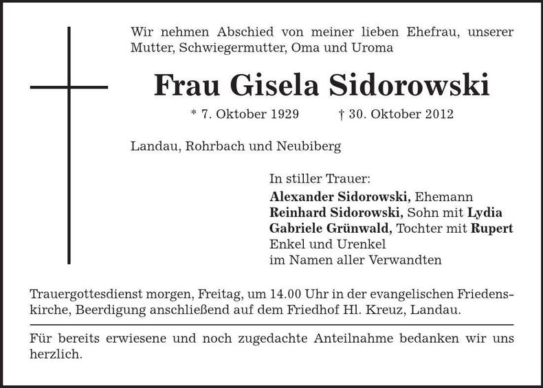 Traueranzeige Gisela Sidorowski