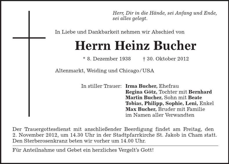Traueranzeige Heinz Bucher