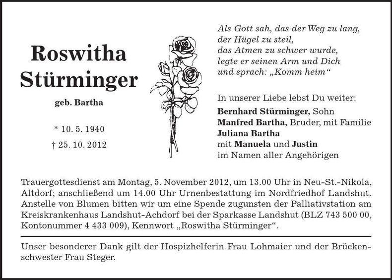 Traueranzeige Roswitha Stürminger
