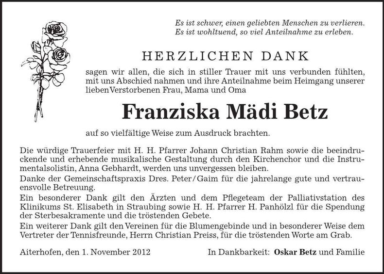 Traueranzeige Franziska Mädi Betz