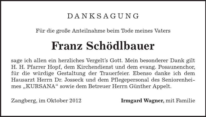 Traueranzeige Franz Schödlbauer