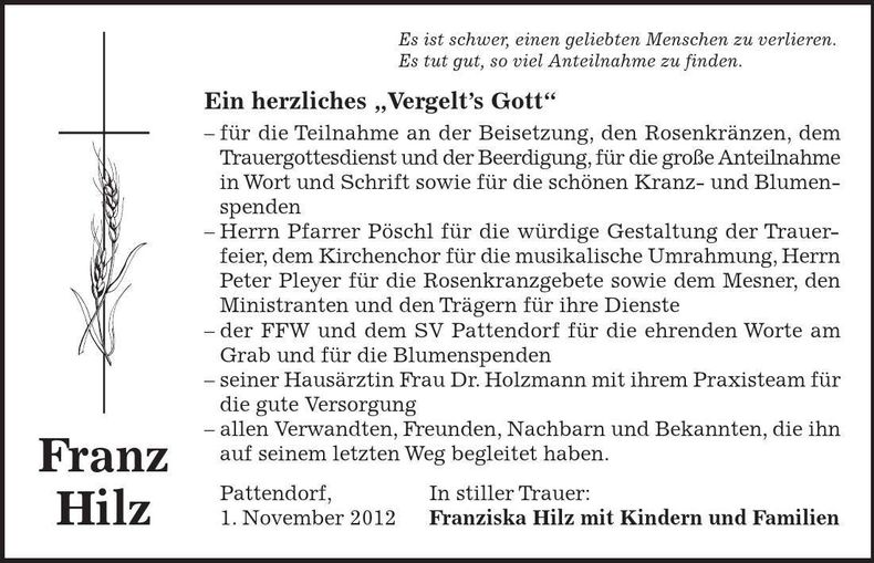 Traueranzeige Franz Hilz