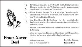 Traueranzeige Franz Xaver Besl