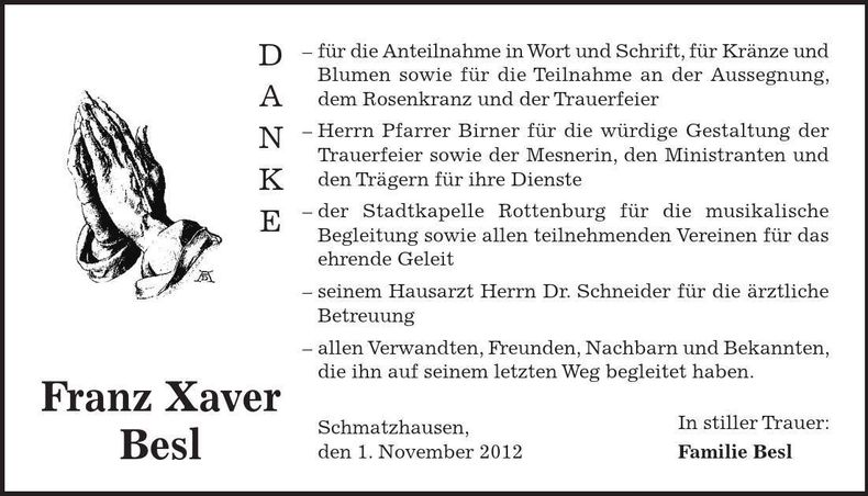 Traueranzeige Franz Xaver Besl