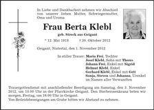 Traueranzeige Berta Klebl